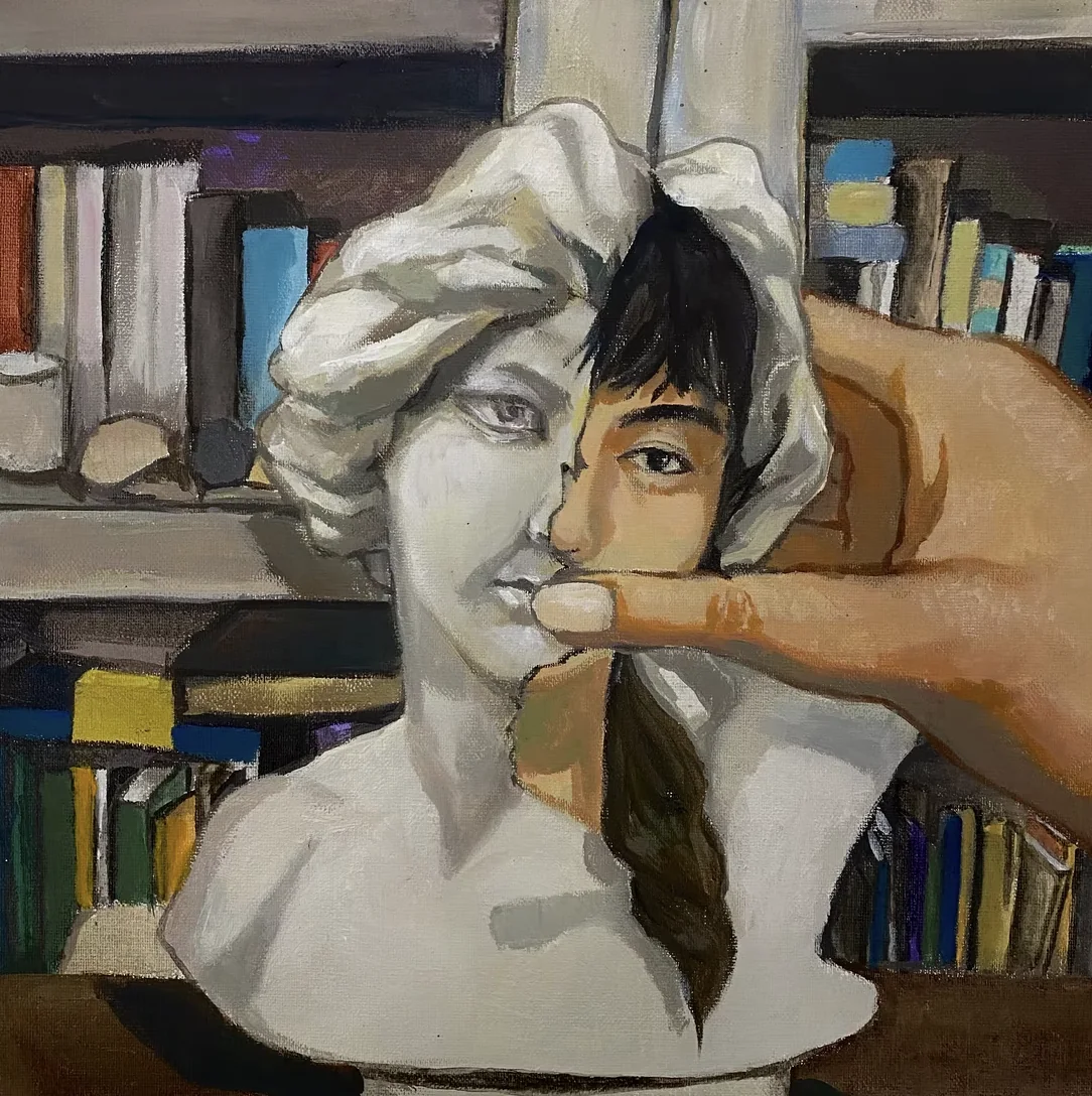 A painting of a plaster bust whose face is half peeled back
